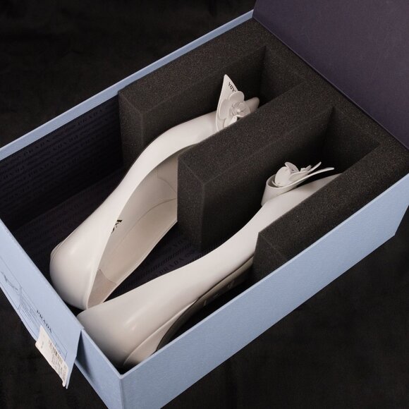 Prada Sculptural Twist Floral-Appliqued Ballerina Flats, White Polished Leather - Picture 11 of 12